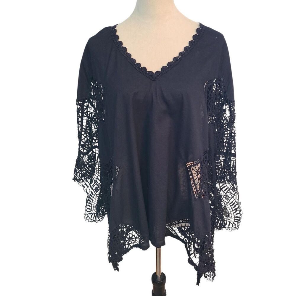 XCVI Crochet Lace Poncho Top Black S Cover Up USA Festival Peasant Gothic Witchy